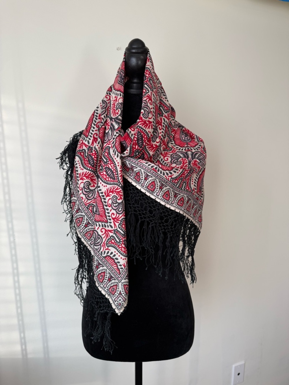 100% Silk Anna Sui Red and Black Paisley Fringe Shawl Scarf